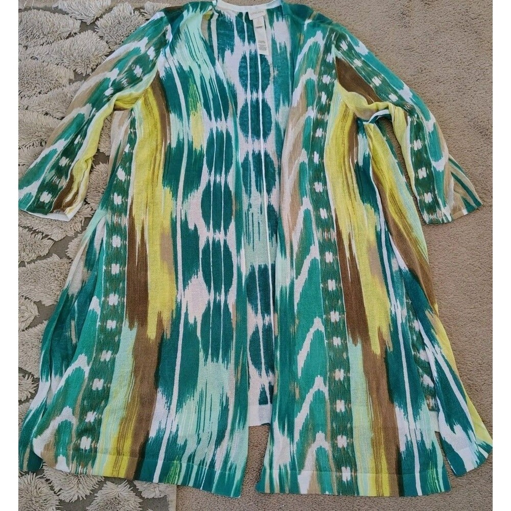 Chico's Okay Print Longline Open Cardigan Matching Tank Top Teal Green Size 2... - Picture 7 of 8